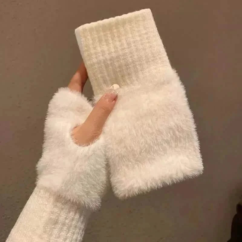 Solid Color Plush Knitted Fingerless Gloves – Warm Half-Finger Winter Gloves for Women