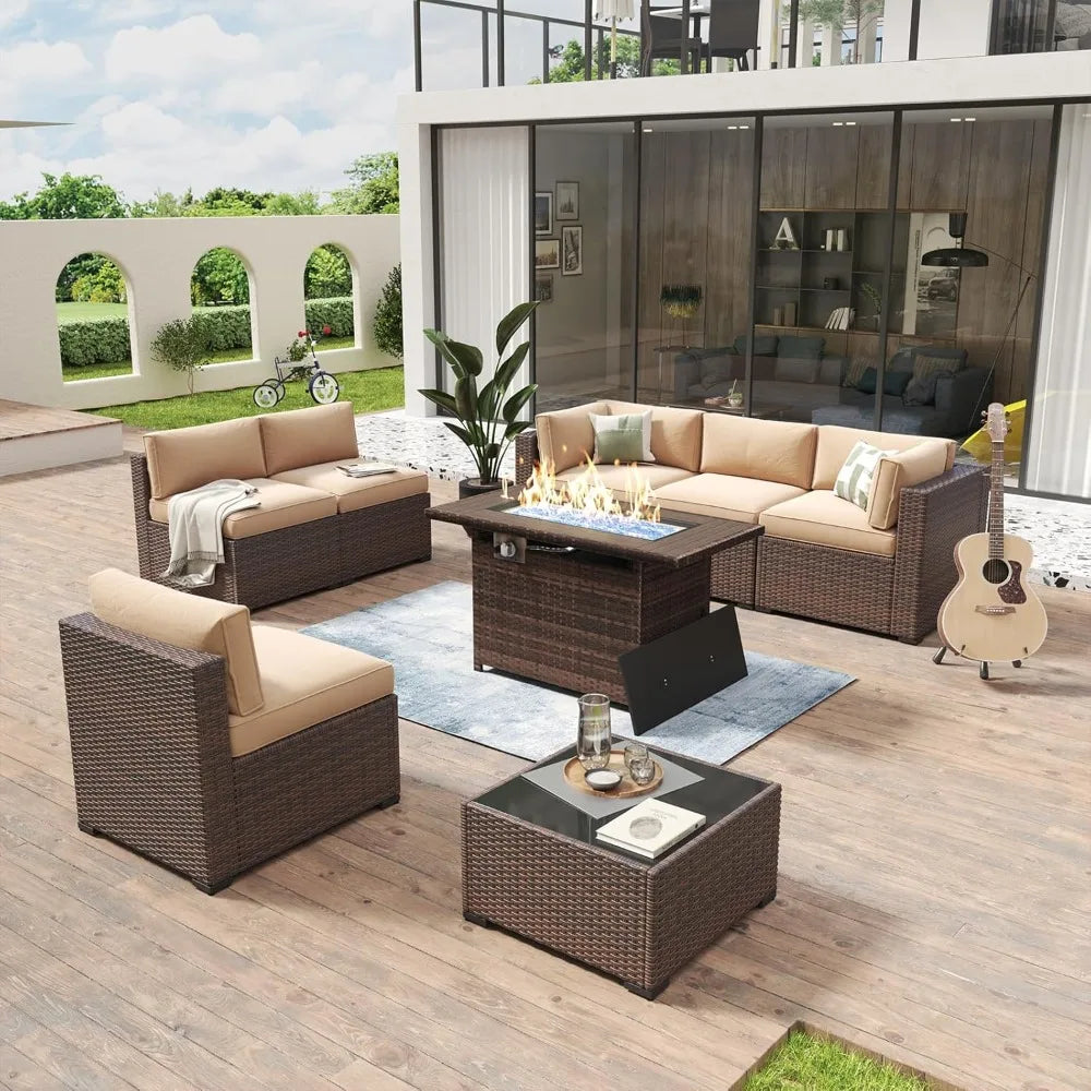 8-Piece Patio Furniture Set with 44" Fire Pit Table, Wicker Rattan Outdoor Sectional Sofa with Coffee Table and Thickened Cushions