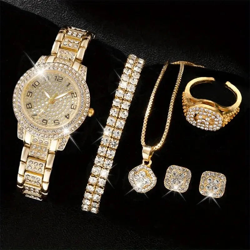 6-Piece Women's Rhinestone Bracelet Quartz Watch Set – Alloy Crystal Wristwatches for Ladies Gift