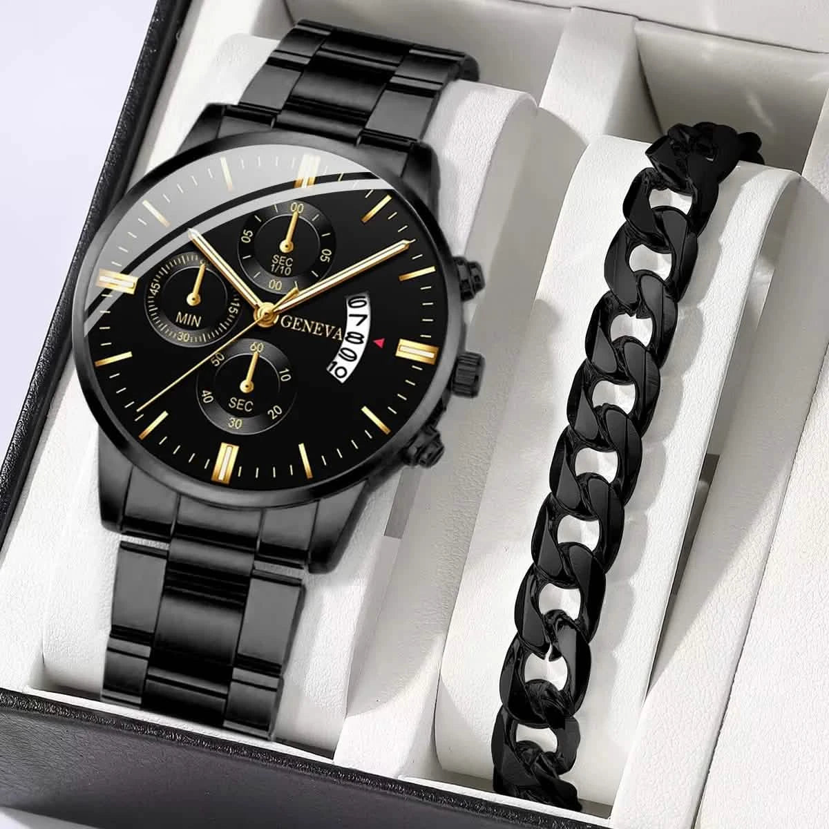 2-Piece Men's Business Quartz Watch and Bracelet Set - Alloy Steel Band, Calendar, Folding Clasp