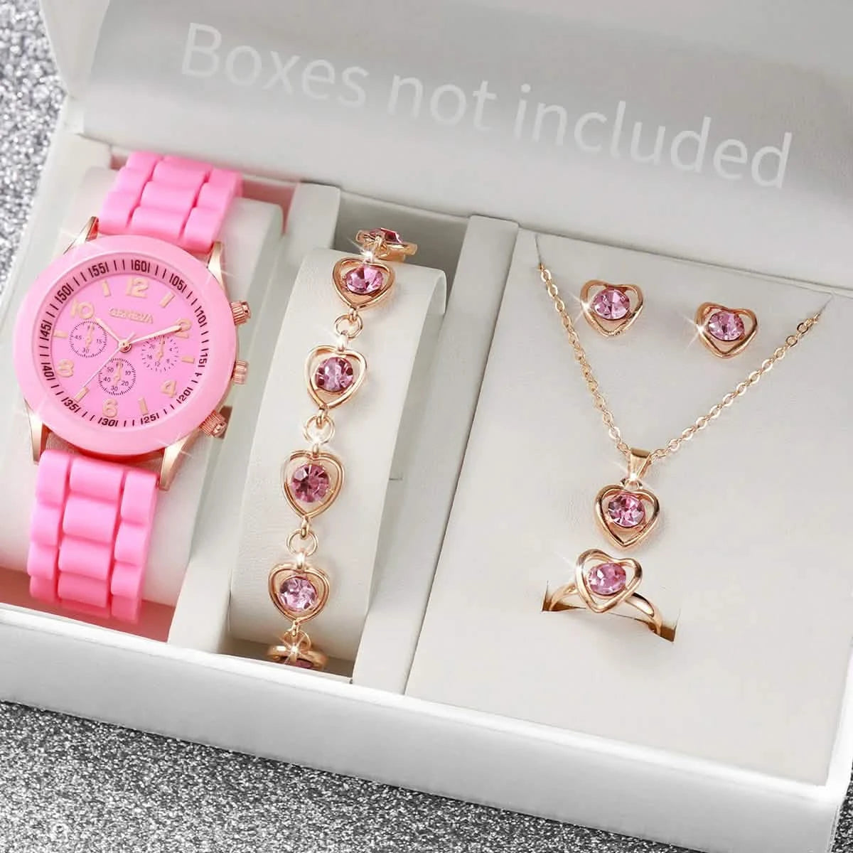 5/6-Piece Women's Quartz Watch Jewelry Gift Set – Silicone Band Watch with Bracelet, Necklace & Earrings