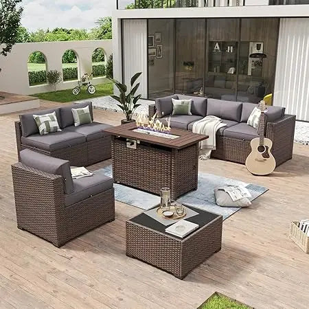 8-Piece Patio Furniture Set with 44" Fire Pit Table, Wicker Rattan Outdoor Sectional Sofa with Coffee Table and Thickened Cushions