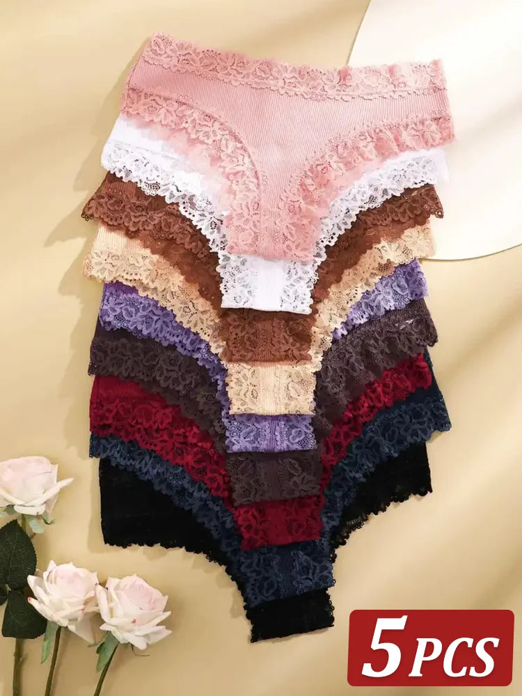 5Pcs/set Women Cotton Panties Floral Lace Intimate Underwear S-XL