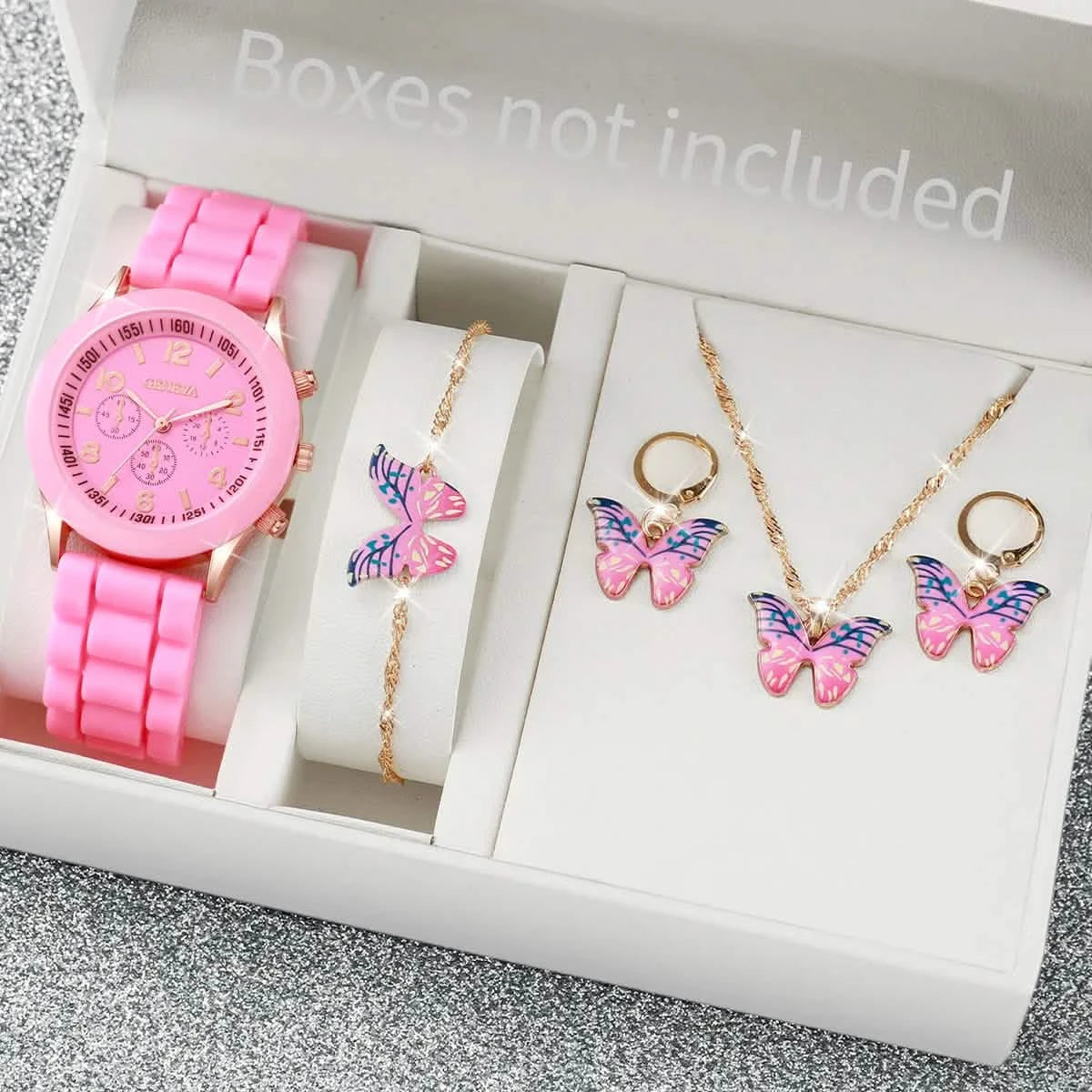 5/6-Piece Women's Quartz Watch Jewelry Gift Set – Silicone Band Watch with Bracelet, Necklace & Earrings
