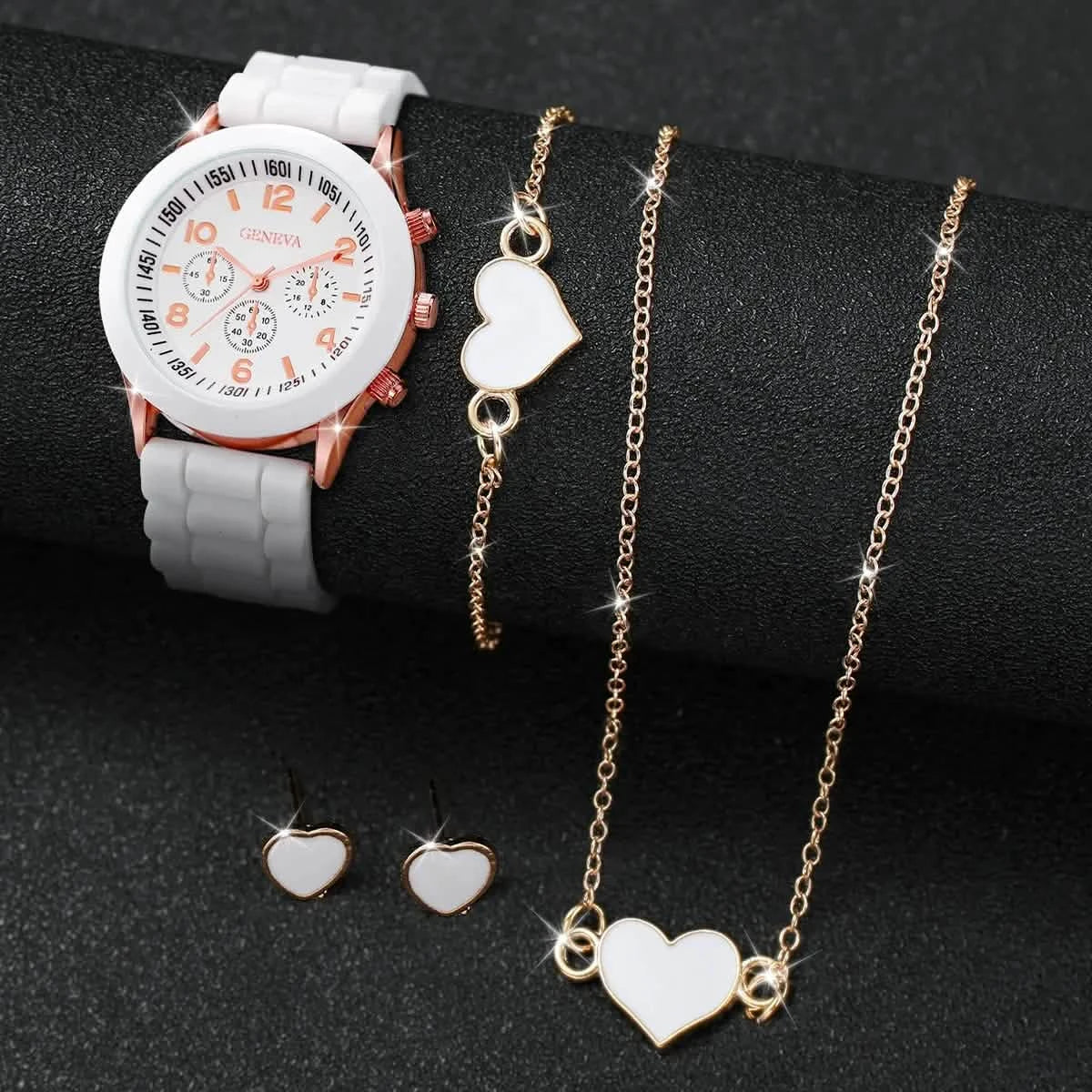 5/6-Piece Women's Quartz Watch Jewelry Gift Set – Silicone Band Watch with Bracelet, Necklace & Earrings
