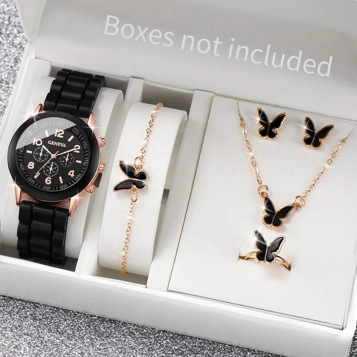 5/6-Piece Women's Quartz Watch Jewelry Gift Set – Silicone Band Watch with Bracelet, Necklace & Earrings