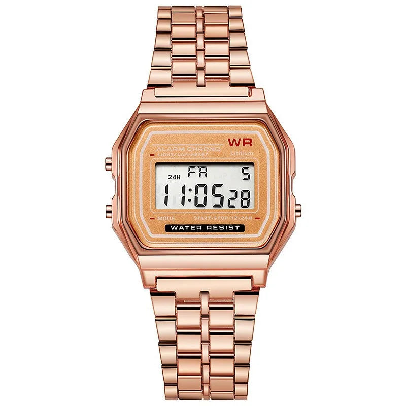 Rose Gold Retro Digital LED Women's Watch - Rectangular 32mm Case, Water-Resistant 3ATM