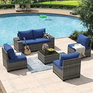 8-Piece Patio Furniture Set with 44" Fire Pit Table, Wicker Rattan Outdoor Sectional Sofa with Coffee Table and Thickened Cushions