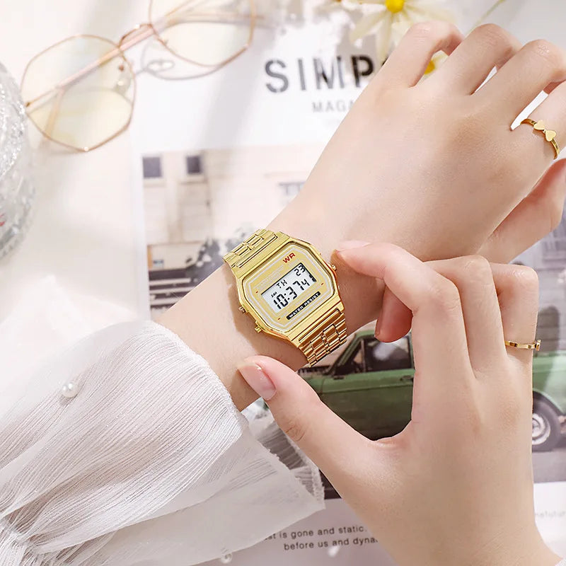 Rose Gold Retro Digital LED Women's Watch - Rectangular 32mm Case, Water-Resistant 3ATM