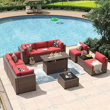 8-Piece Patio Furniture Set with 44" Fire Pit Table, Wicker Rattan Outdoor Sectional Sofa with Coffee Table and Thickened Cushions