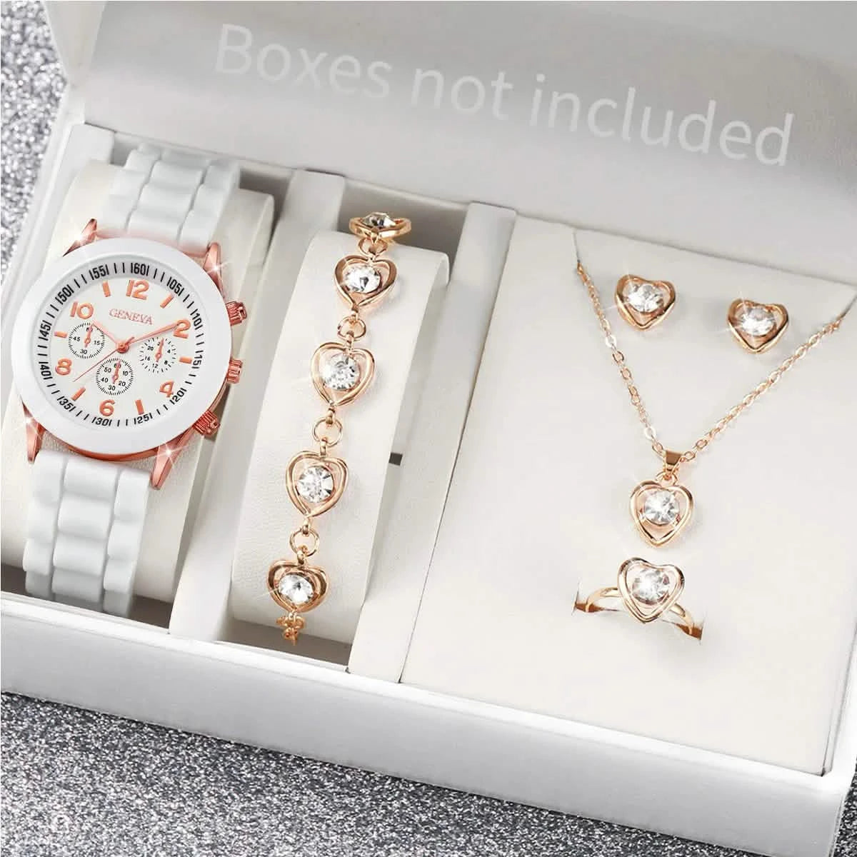 5/6-Piece Women's Quartz Watch Jewelry Gift Set – Silicone Band Watch with Bracelet, Necklace & Earrings