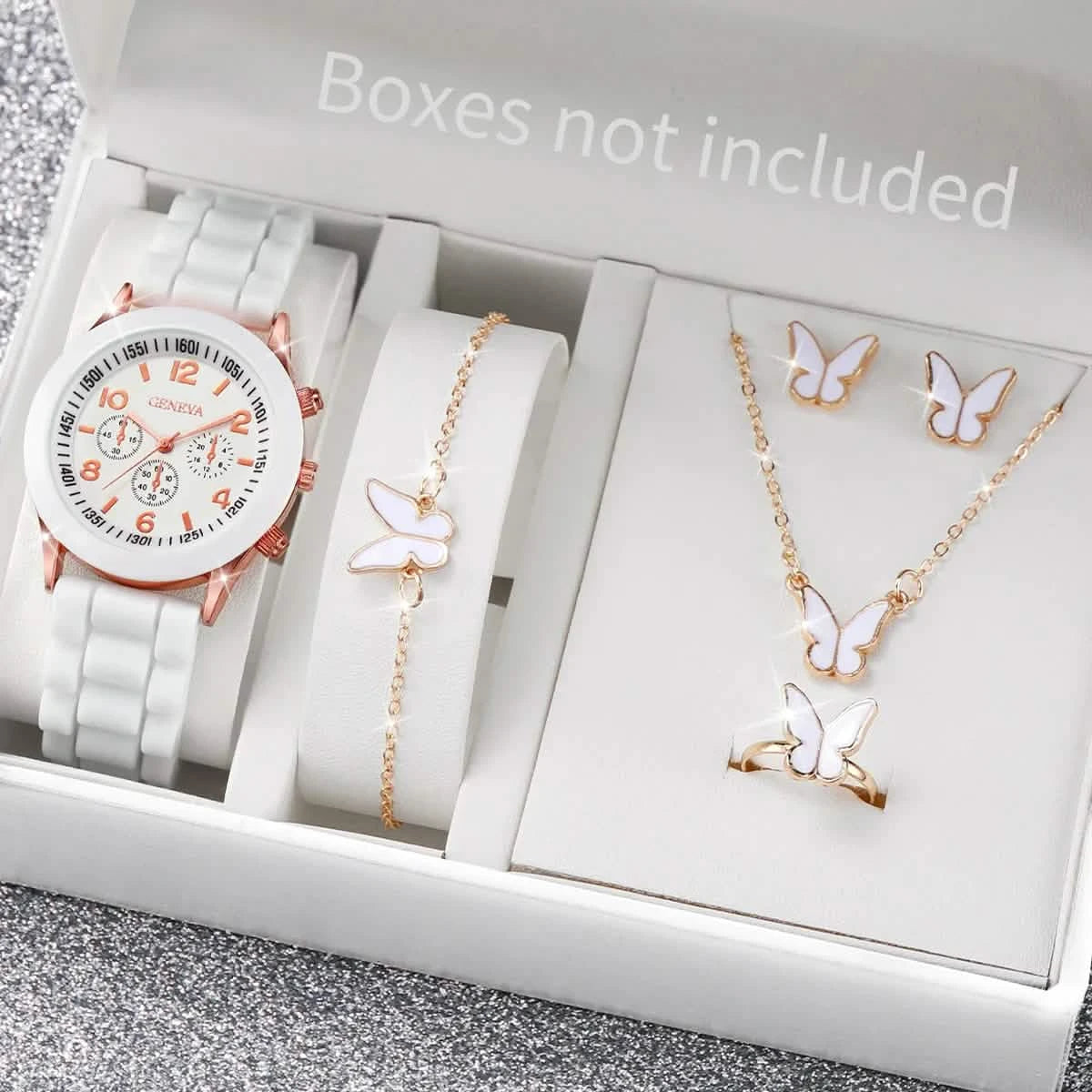 5/6-Piece Women's Quartz Watch Jewelry Gift Set – Silicone Band Watch with Bracelet, Necklace & Earrings