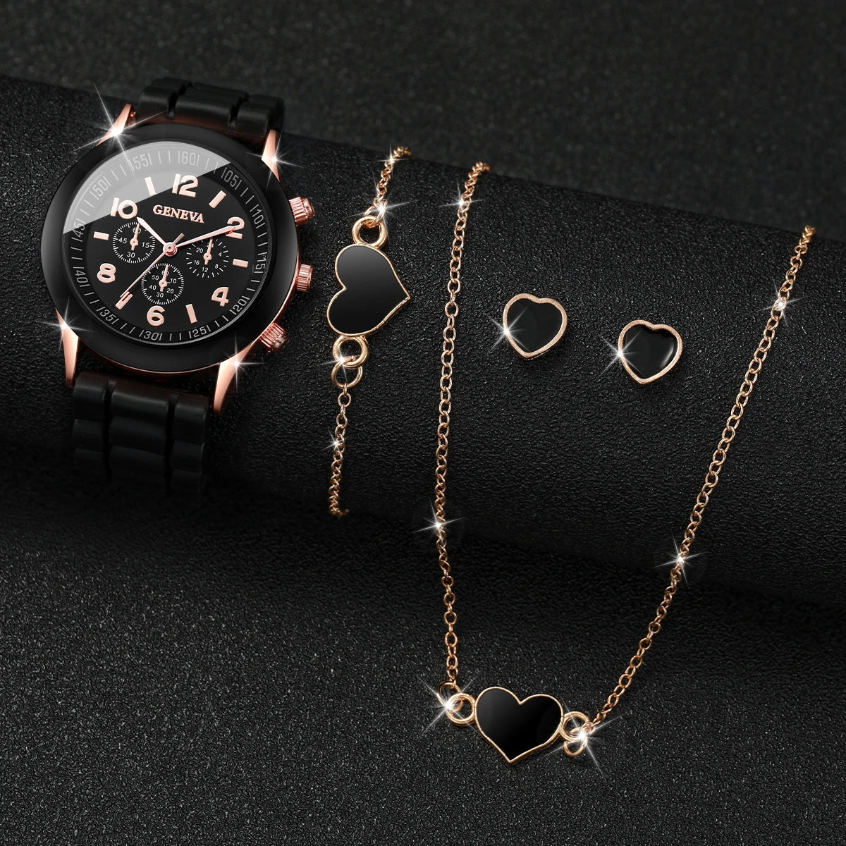 5/6-Piece Women's Quartz Watch Jewelry Gift Set – Silicone Band Watch with Bracelet, Necklace & Earrings