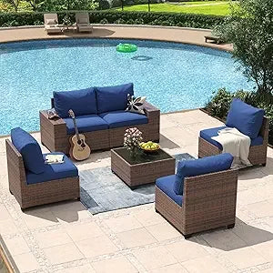 8-Piece Patio Furniture Set with 44" Fire Pit Table, Wicker Rattan Outdoor Sectional Sofa with Coffee Table and Thickened Cushions