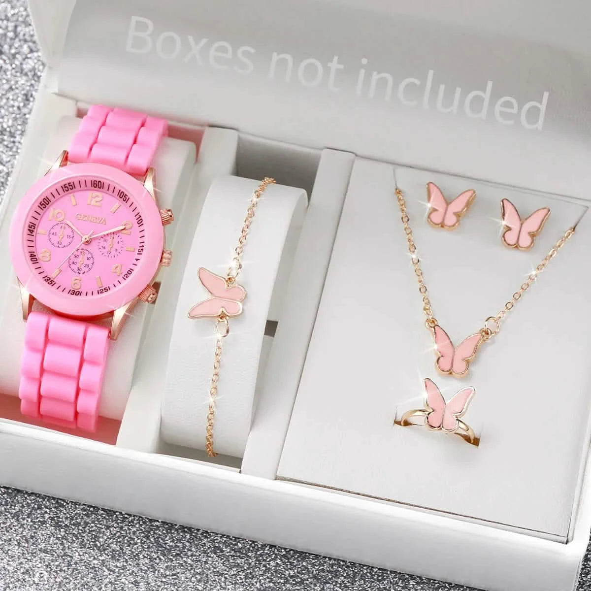 5/6-Piece Women's Quartz Watch Jewelry Gift Set – Silicone Band Watch with Bracelet, Necklace & Earrings