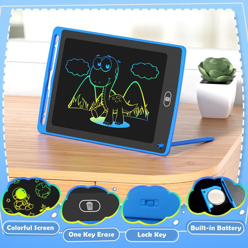 Blue LCD writing tablet standing on a desk with a rainbow dinosaur drawing, stylus and erase button