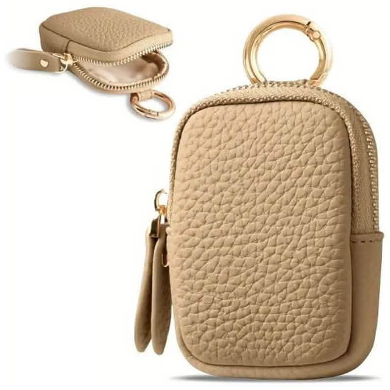 Tan mini zip coin purse with key ring