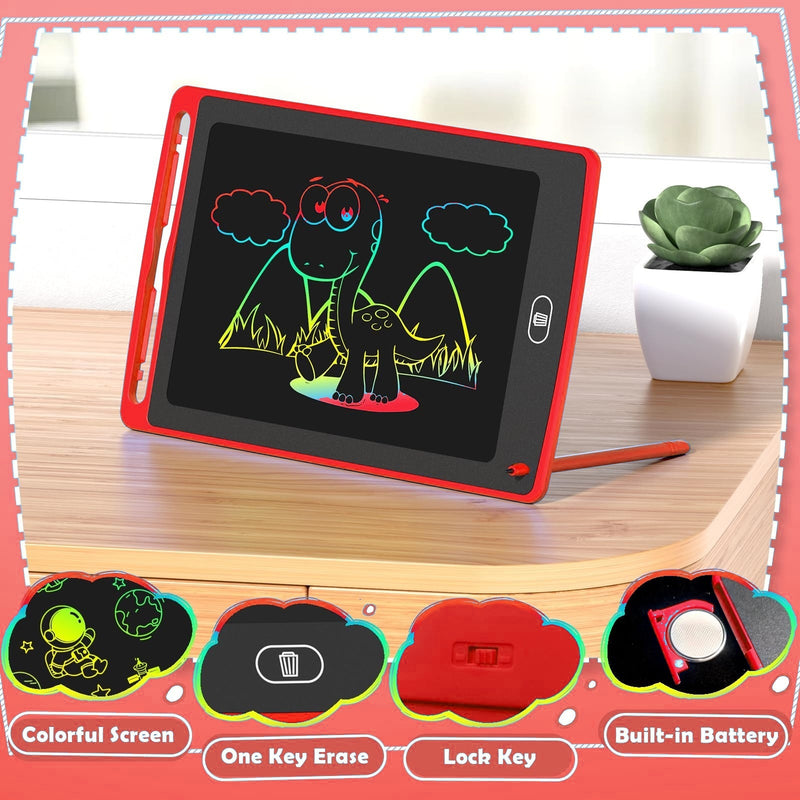 Red LCD writing tablet standing on a desk with a rainbow dinosaur drawing, stylus and erase button
