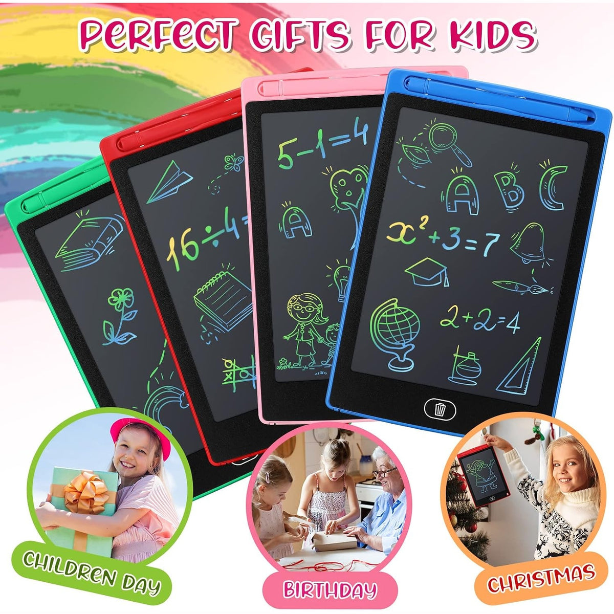All four colors fanned out showing sums, letters and drawings on their screens