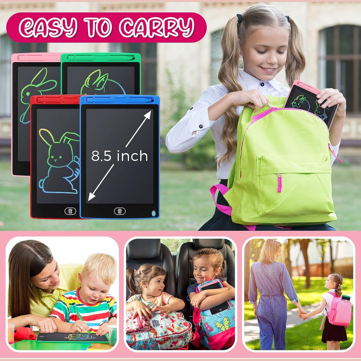 Tablet sliding into a school backpack, and children using it in a car and at a table