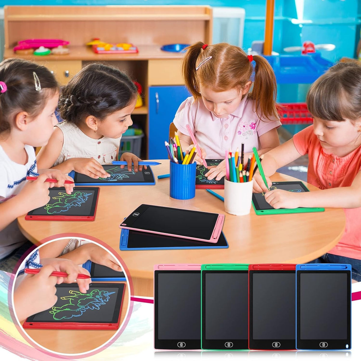 Children drawing together at a table, with the four colors lined up below