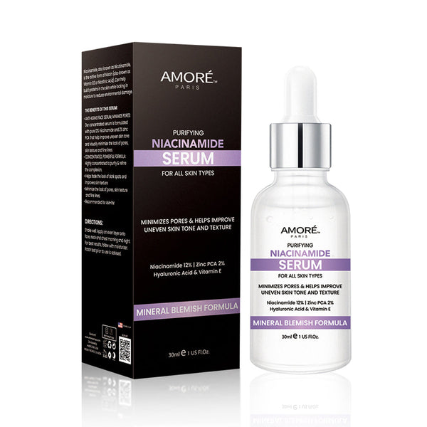 Amore Paris Niacinamide Face Serum 12% Plus Zinc 2%, Hyaluronic Acid & Vitamin E, Dark Spot Remover, Pore Minimizer & Aging Skin Treatment