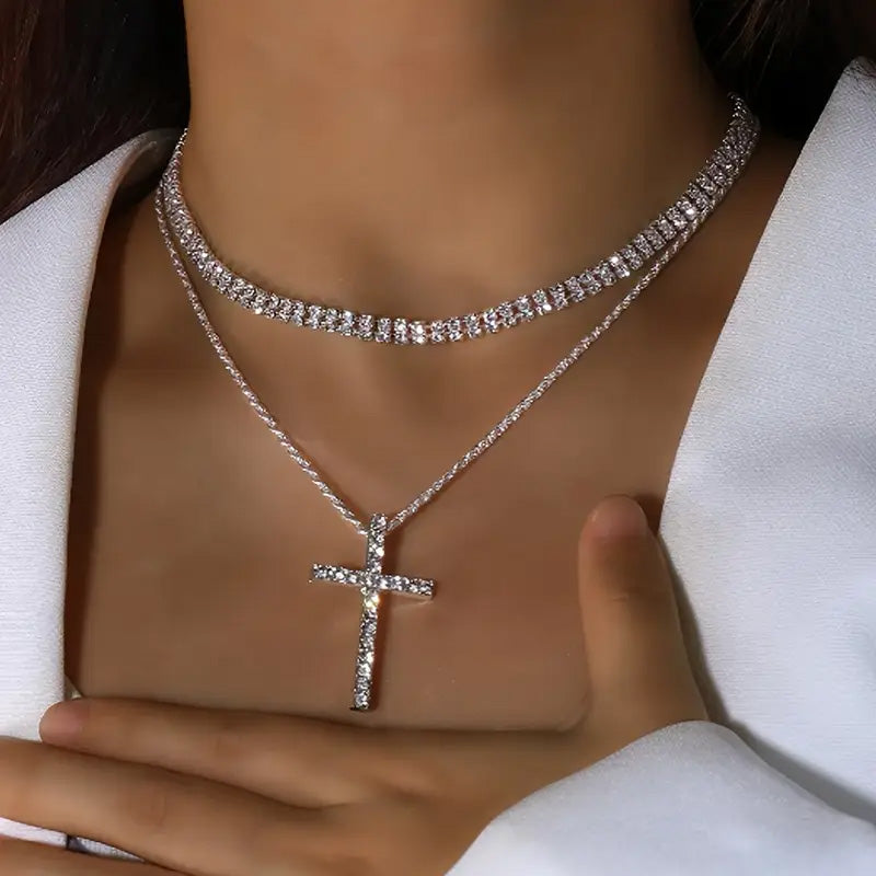 Women's Double Layer Artificial Crystal Cross Pendant Necklace