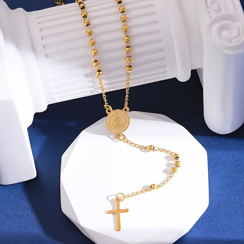 Stainless Steel St. Benedict Pattern Golden Rosary Cross Pendant Necklace