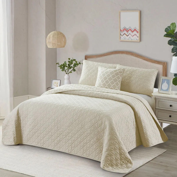 4-Piece: Bibb Home Solid Reversible Quilt Set with Embroidered Cushion