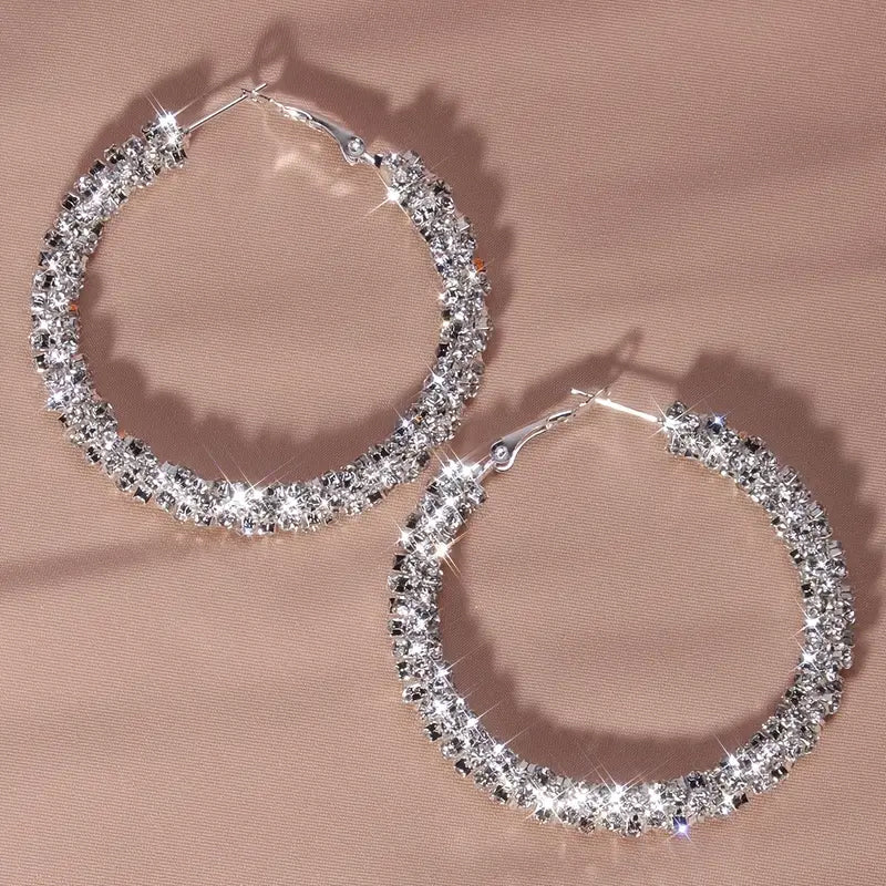 Large Full Rhinestone Silver Plated Hoop Earrings