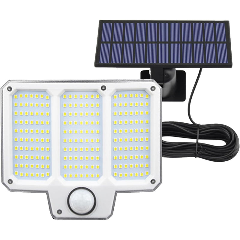 Lamp and separate solar panel shown together at an angle with the connecting cord coiled