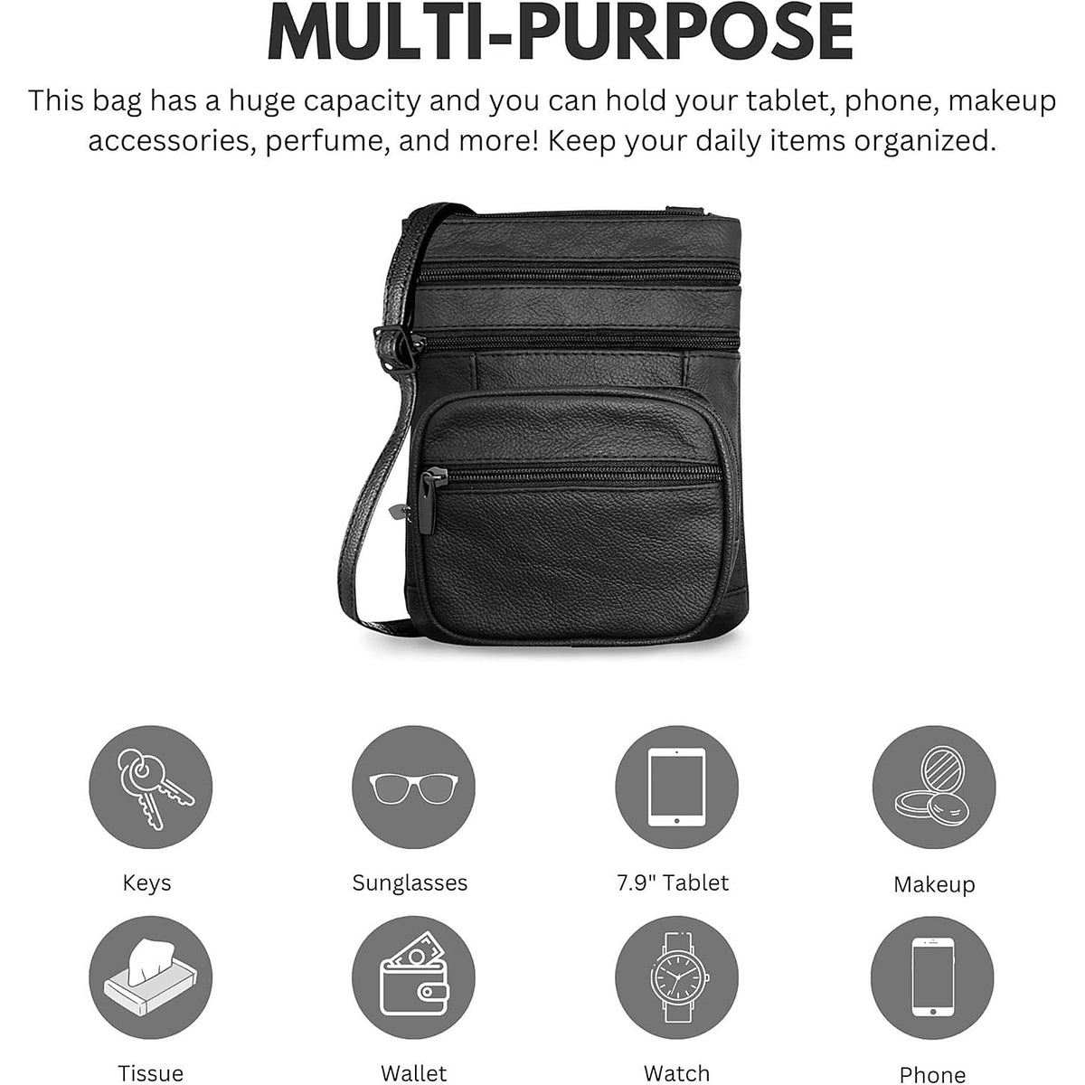 Capacity chart showing keys, sunglasses, tablet, makeup, tissue, wallet, watch and phone