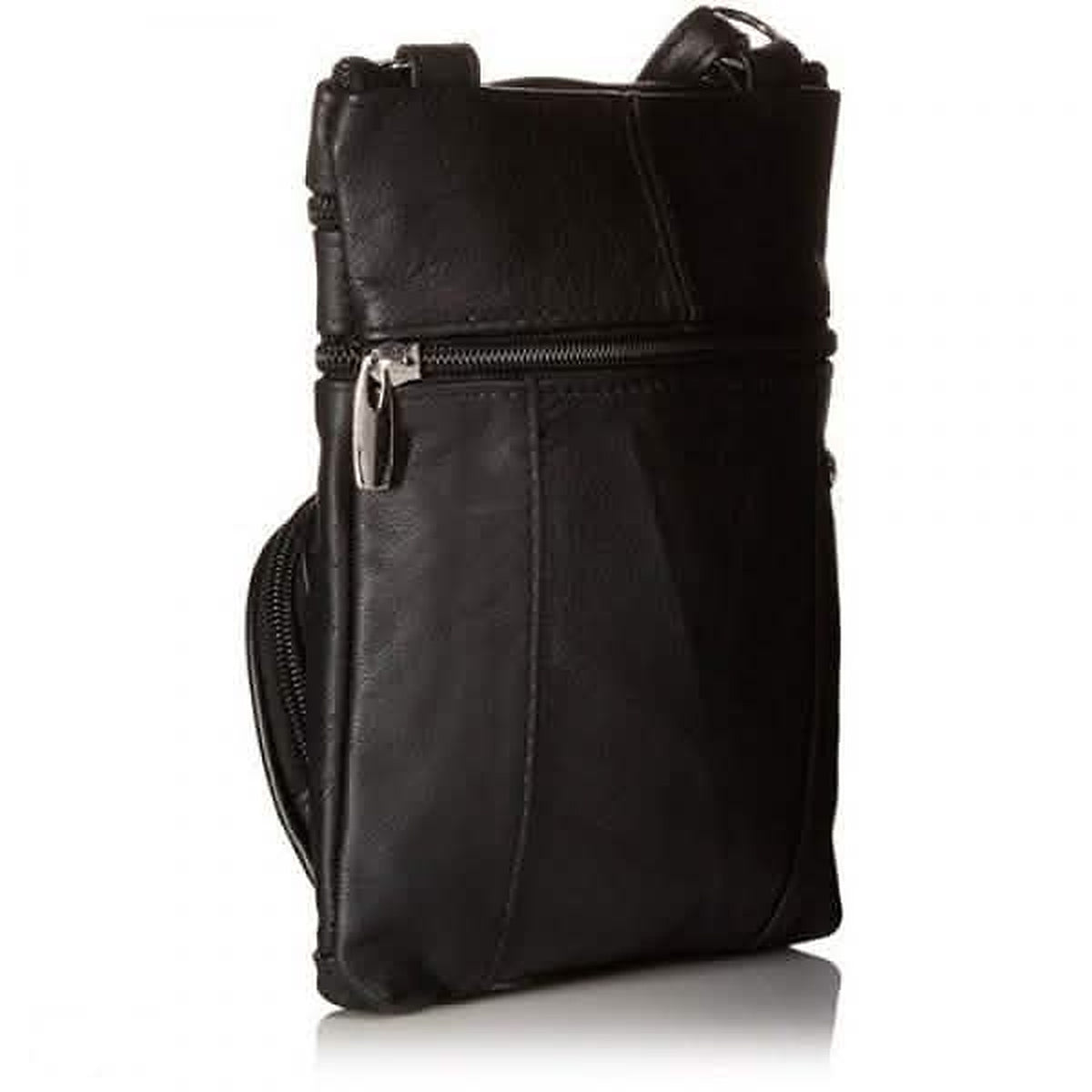 Angled view of the black crossbody bag showing the side profile and strap