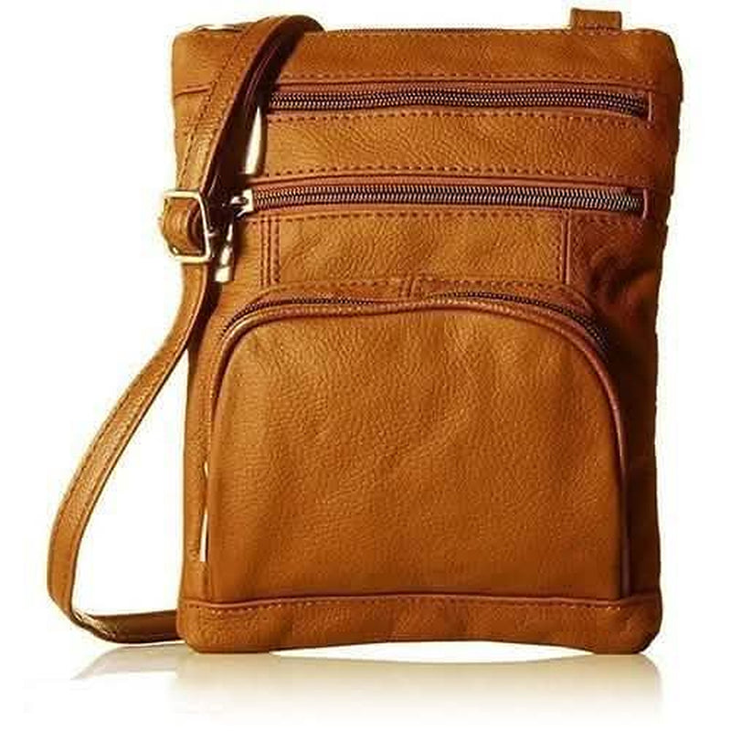 Light brown genuine leather multi-pocket crossbody bag