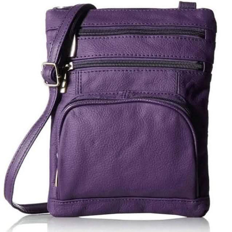 Purple genuine leather multi-pocket crossbody bag