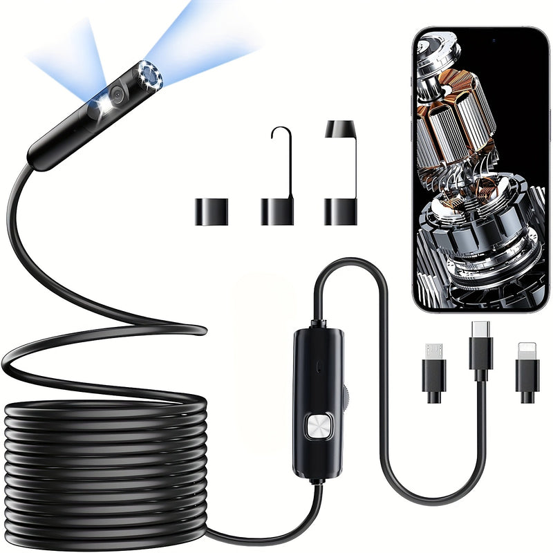 Dual lens endoscope head lit up, with three clip-on tip attachments, inline control box, coiled cable and USB-C, Micro-USB and Lightning plugs