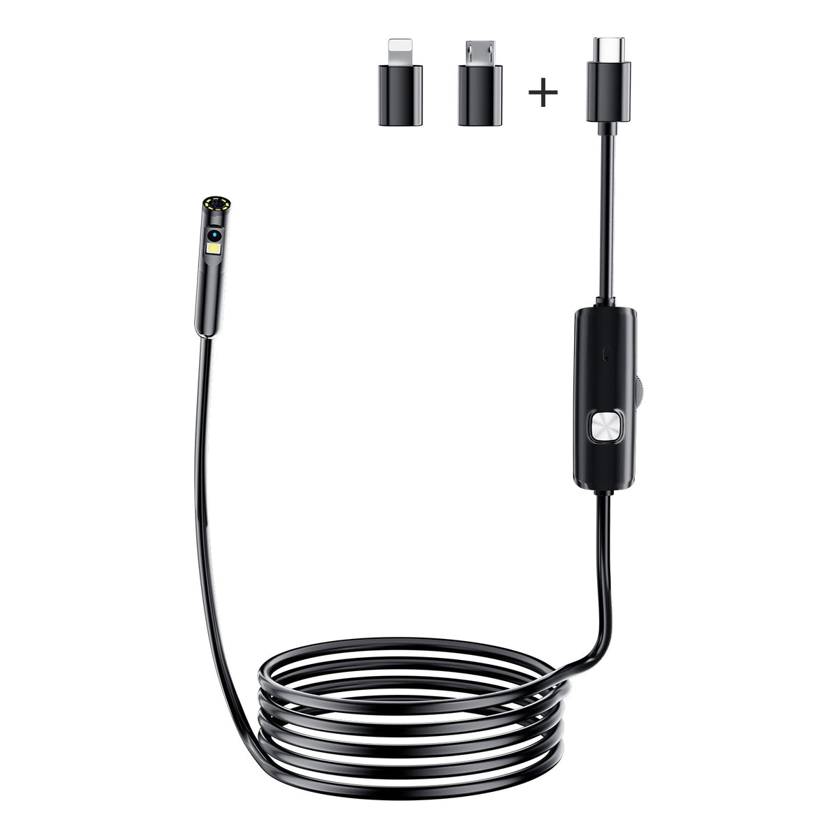 Full endoscope laid out on white: probe head, semi-rigid coiled cable, inline control box with button and thumbwheel, and the three plug adapters