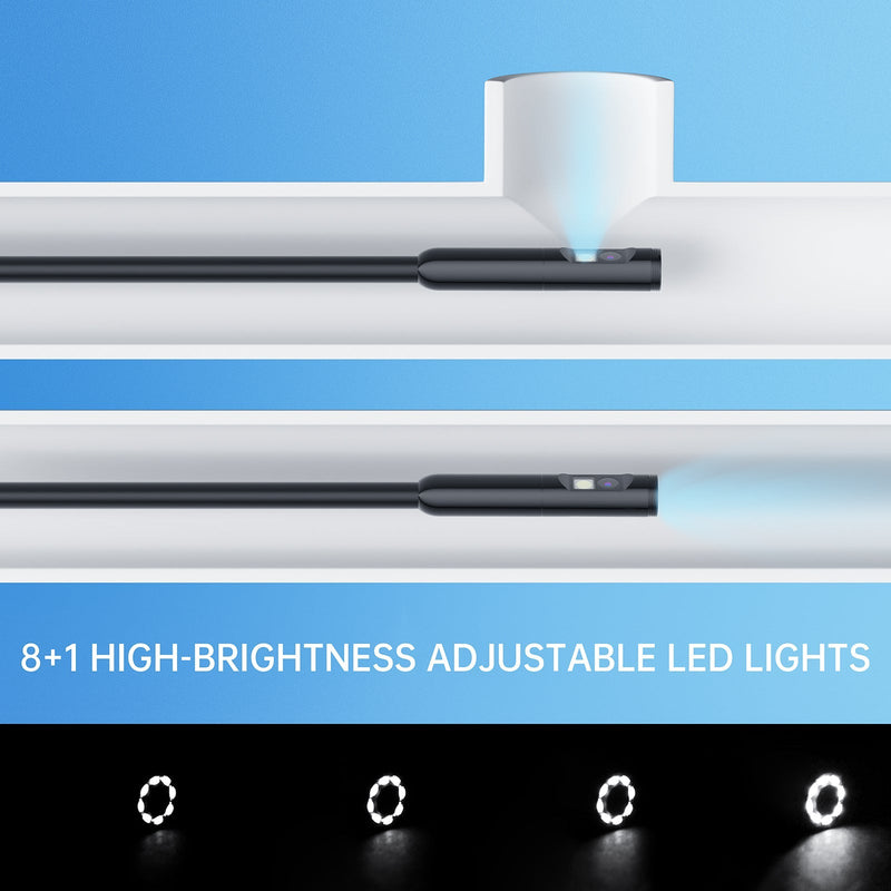The probe head lighting a pipe interior at four brightness steps from dim to full