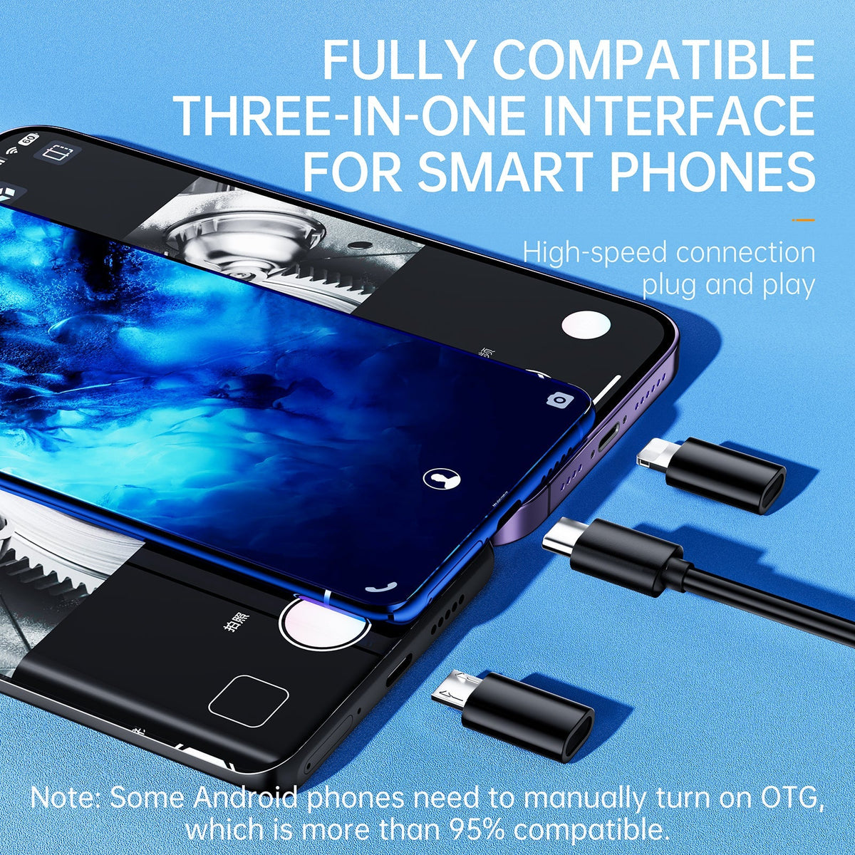 Plugging the endoscope into a phone with the USB-C and Micro-USB adapters alongside, and a note that some Android phones need OTG switched on