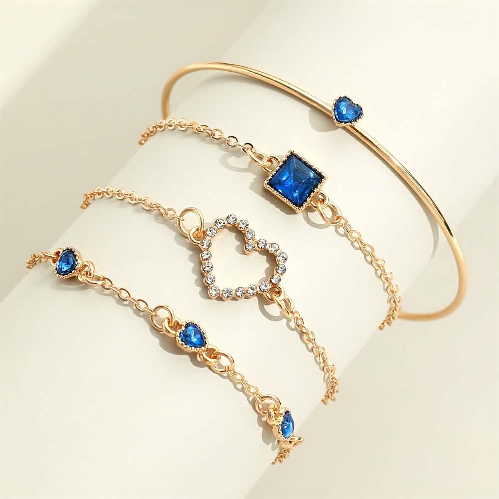 4pcs Rhinestone Alloy Bracelet Set – Minimalist Heart & Square Design