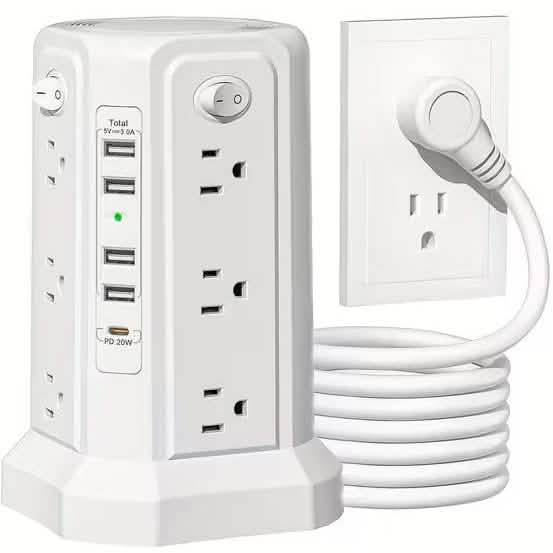 Surge Protector Tower 1800J with 4 USB A Ports, USB C (PD18W) Port, 12 AC Outlets and 10FT Cord
