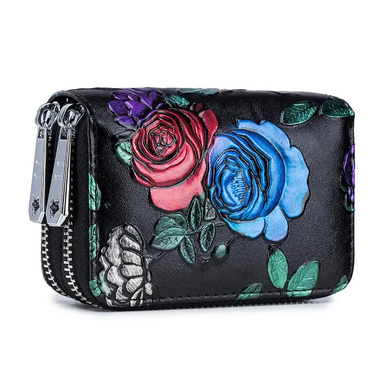 Women's Floral Faux Leather Double Zipper Card Holder and Coin Purse