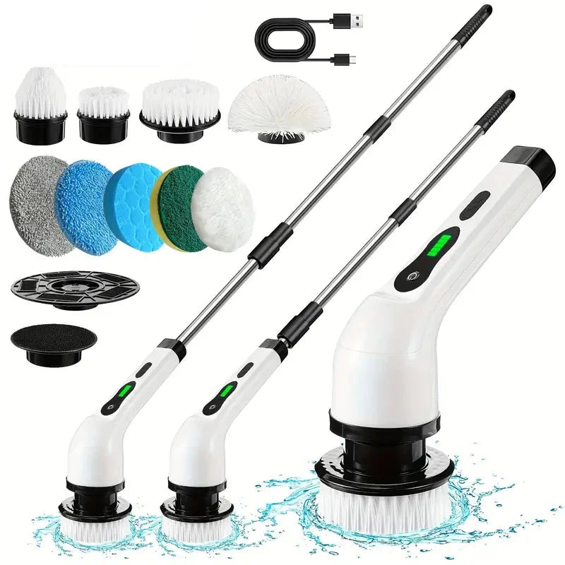 Electric Rotary Scrubber with Replaceable 8 Brush Heads and Adjustable Extension Handle