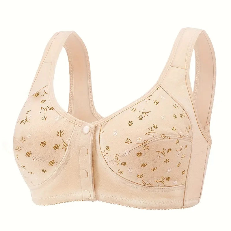 5-Pack: Large Size Soft Women's Printed Front Buckle Underwear, No Steel Ring Bra for Middle-aged and Elderly Women