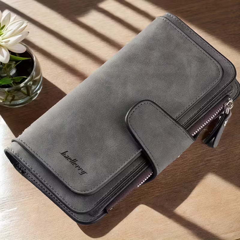 Vintage Faux Leather Long Wallet – Trifold Credit Card Holder with Snap & Zipper