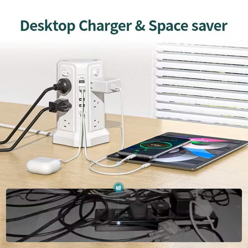 Surge Protector Tower 1800J with 4 USB A Ports, USB C (PD18W) Port, 12 AC Outlets and 10FT Cord