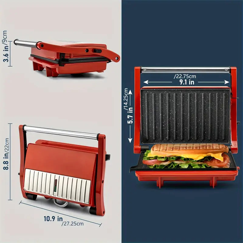 3-in-1 Electric Indoor Non-Stick Grill & Panini Press Sandwich Maker with Adjustable Temperature Control and Grease Tray