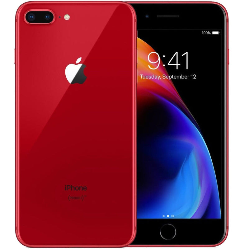 Front and back view of a red Apple iPhone 8 Plus - Fully Unlocked (Refurbished)