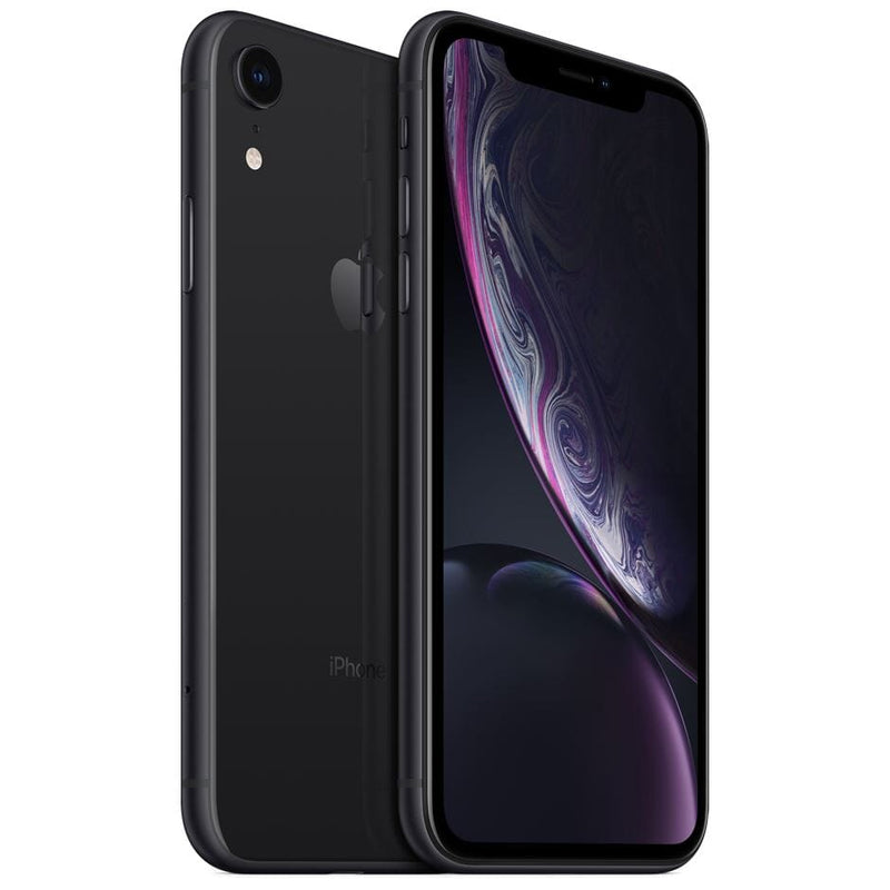 Angled view of front and back of Apple iPhone XR - Fully Unlocked (Refurbished) in black