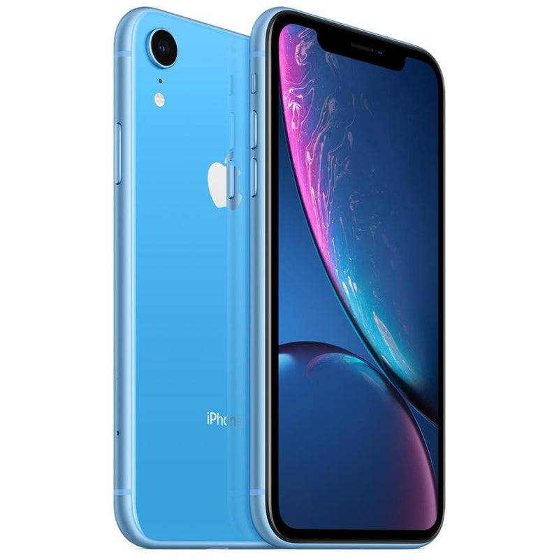Angled view of front and back of Apple iPhone XR - Fully Unlocked (Refurbished) in blue